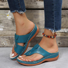 PU Leather Thong Roman Sandals with Wedge Heel