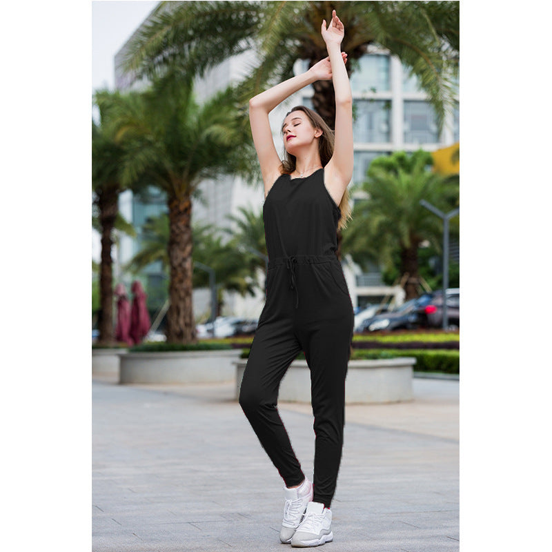 Sleeveless Cuffed Leg Jumpsuit with Waist Tie and Pockets