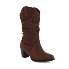 Suede Chunky Heel Mid-Calf Boots in 4 Colors