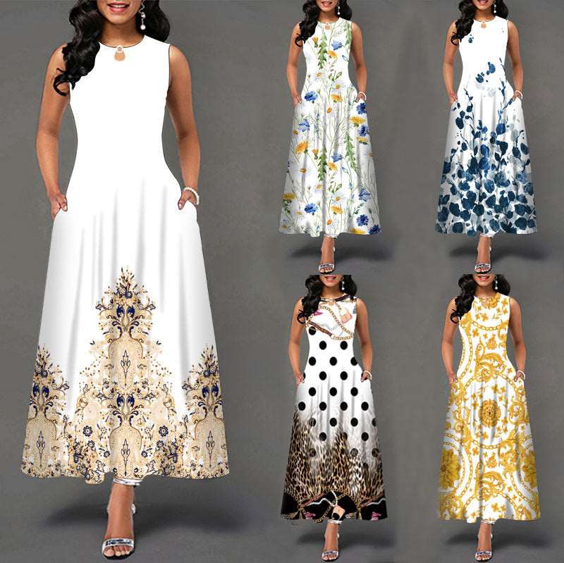 Robe longue sans manches à col rond et poches, 6 motifs disponibles, tailles S à 5XL