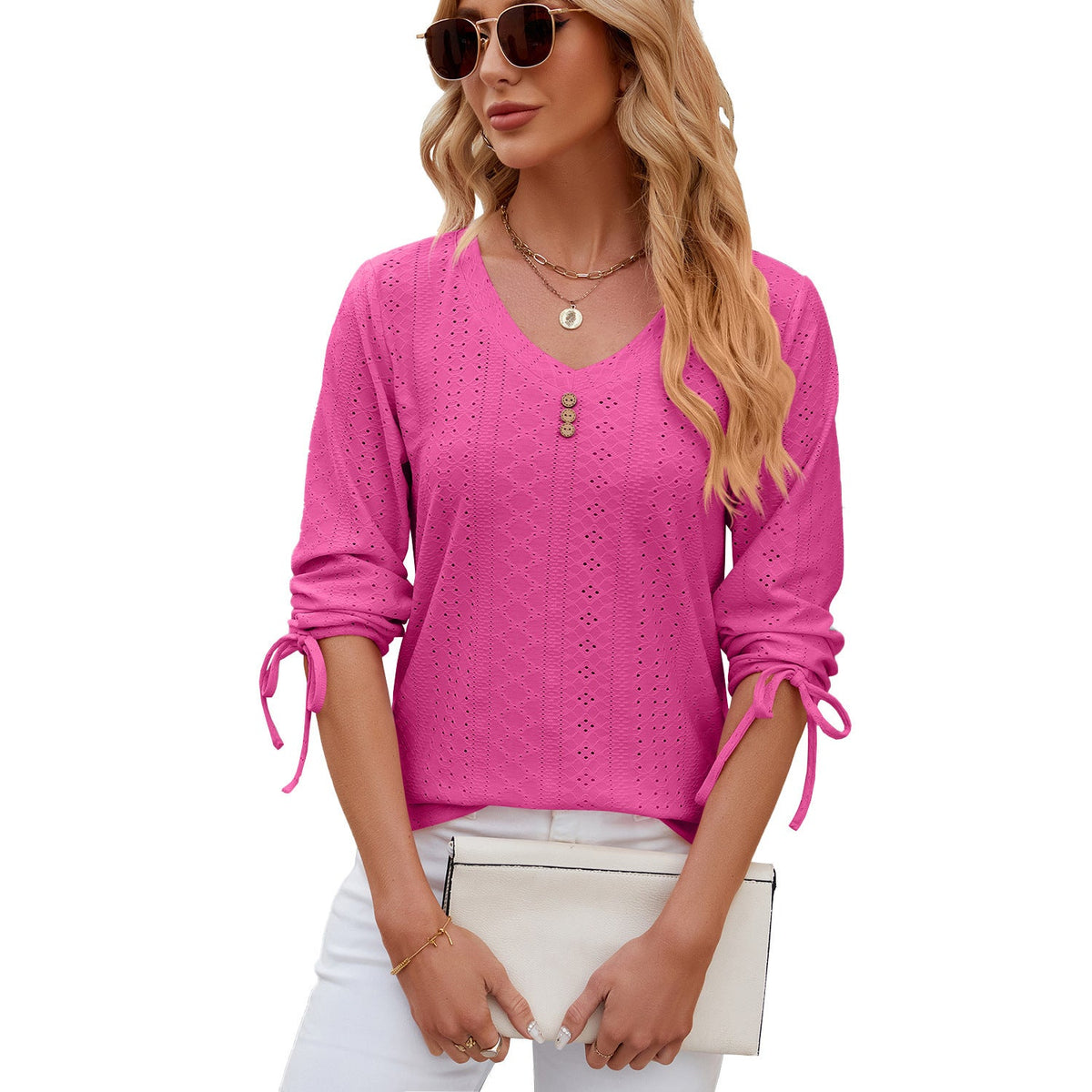 Button V-Neck Solid Colour Half Sleeve Shirt