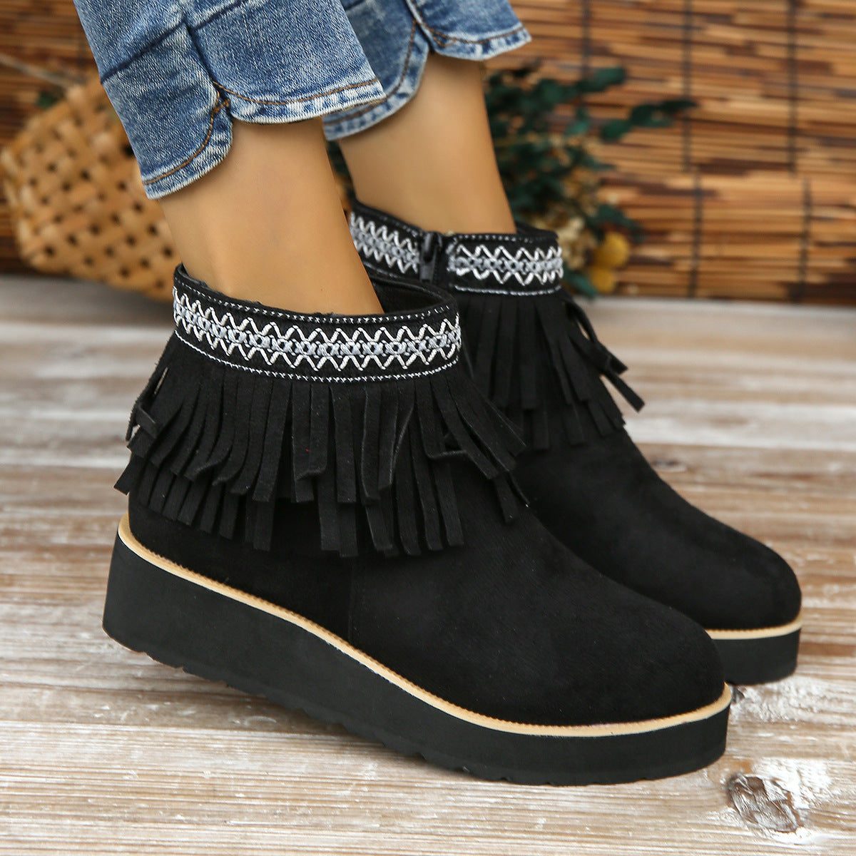 Suede Ankle Boots with Fringe and Wedge Heel in 3 Colors