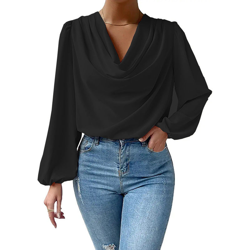 Elegant Chiffon Cowl Neck Long Sleeve Blouse