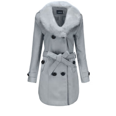 Mid Length Wool Coat with Fur Collar and Waist Tie