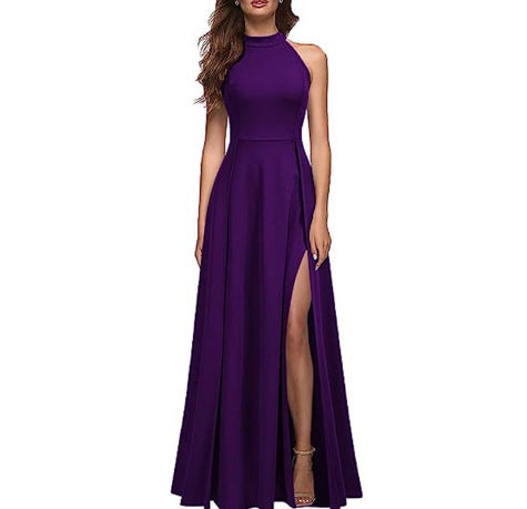 Solid Colour Halter Neck Evening Gown with Leg Slit