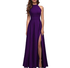 Solid Colour Halter Neck Evening Gown with Leg Slit