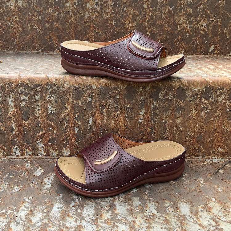Round Toe PU Leather Slip-On Sandals with Short Wedge Heel in 3 Colors