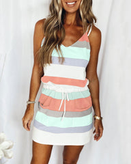 Sleeveless Striped Drawstring Mini Dress