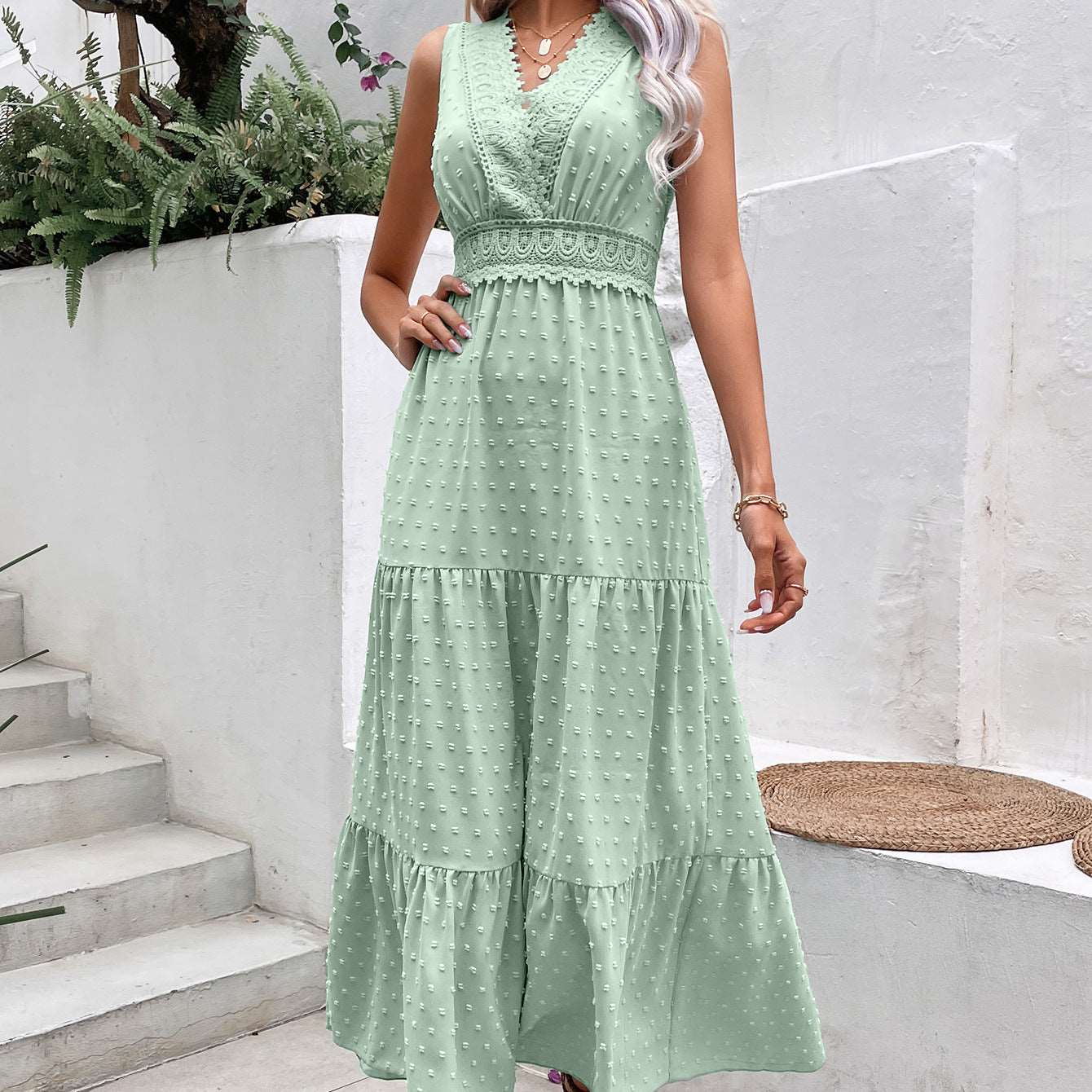 V-Neck Dotted Sleeveless Maxi Dress with Open Back