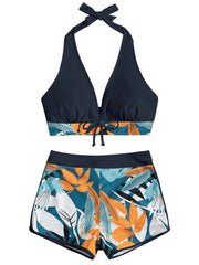 Two Piece Tropical Print Boy Shorts Swimsuit in 6 Colors S-3XL