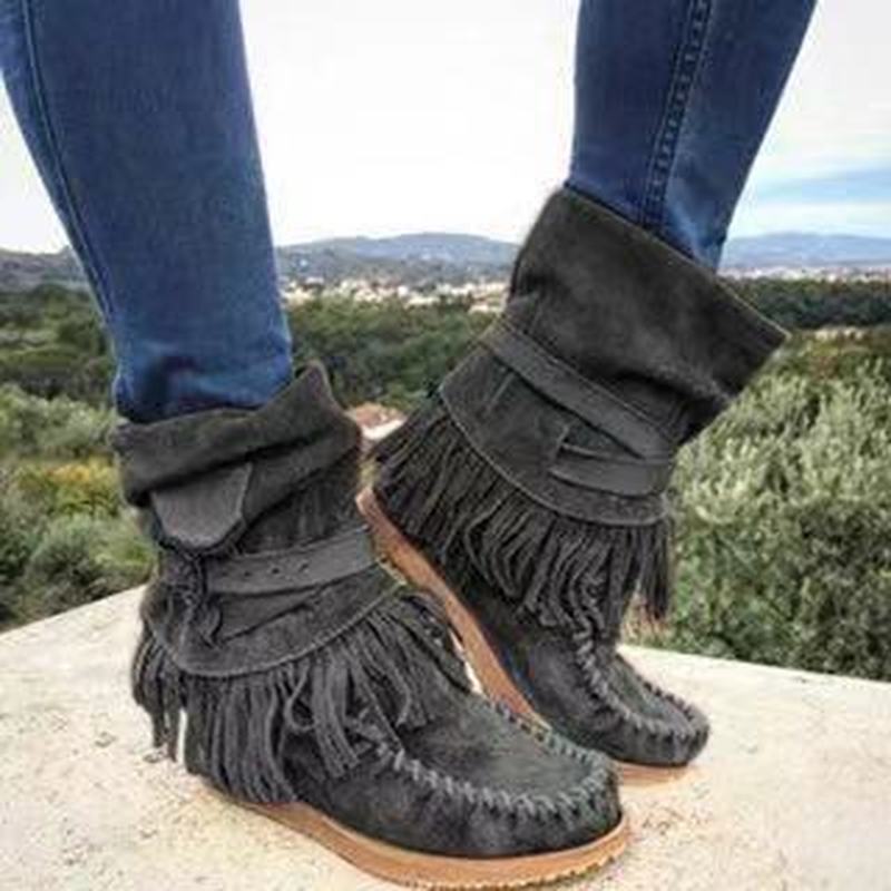 Suede Mid-Calf Moccasin Boots with Tassels