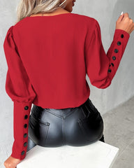 V-Neck Long Sleeve Blouse With Decorative Buttons