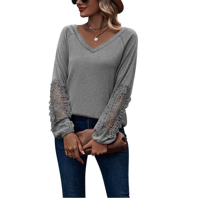 V-Neck Long Sleeve Top with Lace Detail in 5 Colors Sizes 4-20