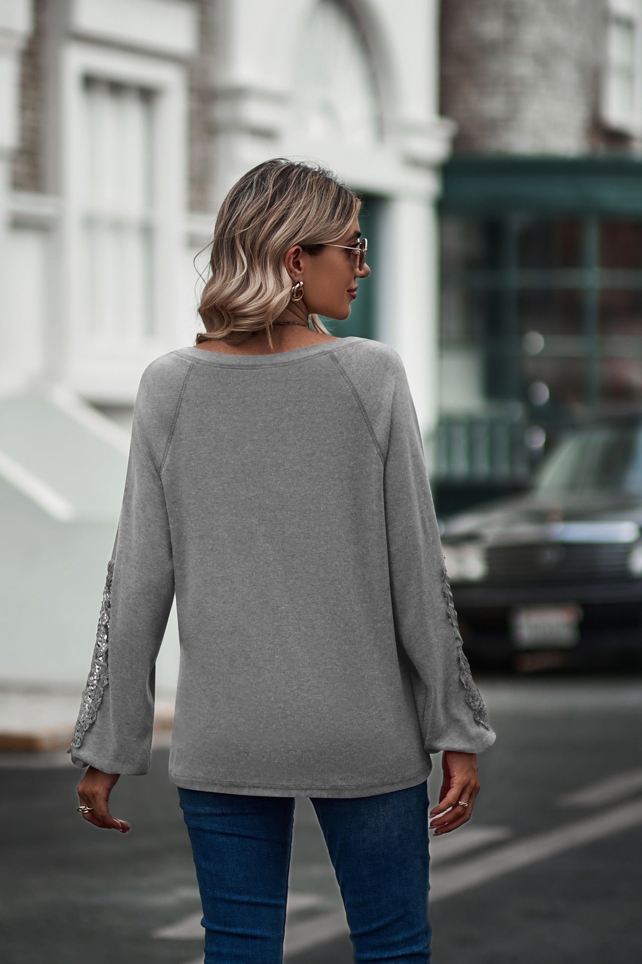 V-Neck Long Sleeve Top with Lace Detail in 5 Colors Sizes 4-20