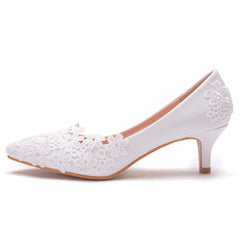 White Short Stiletto Heel Wedding Shoes with Pointed Toe and Lace Flowers