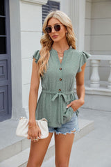 V-Neck Short Sleeve Top with Drawstring Waist