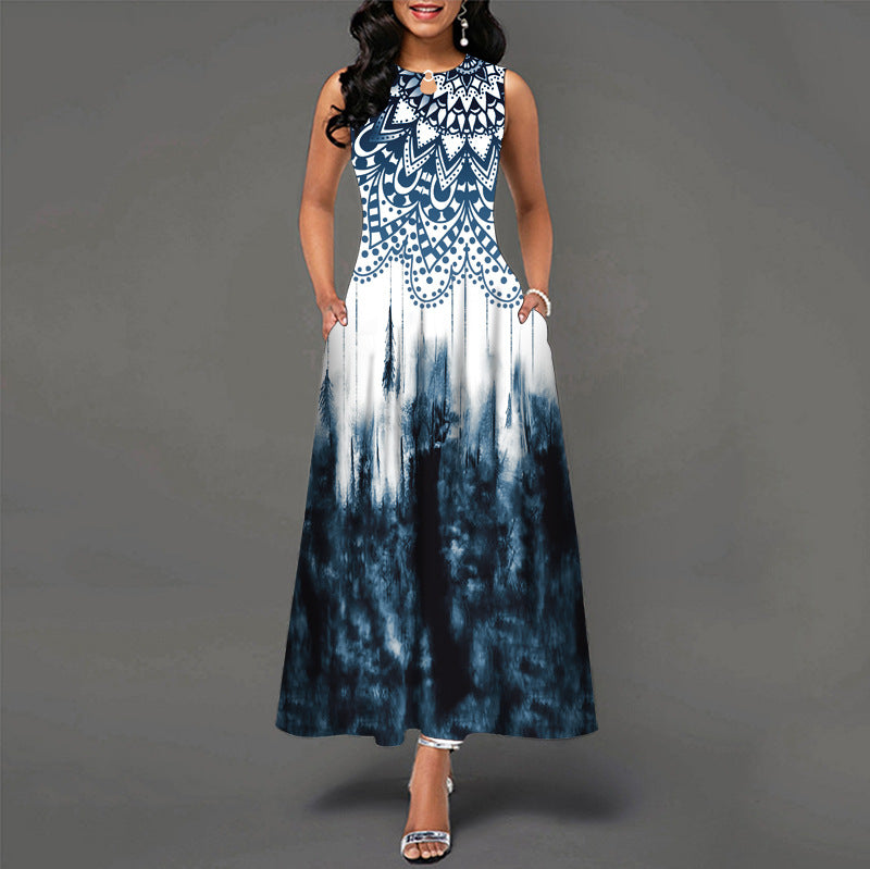Robe longue sans manches à col rond et poches, 6 motifs disponibles, tailles S à 5XL