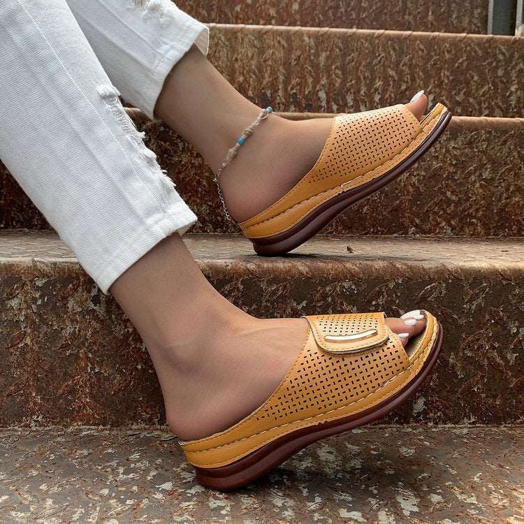 Round Toe PU Leather Slip-On Sandals with Short Wedge Heel in 3 Colors