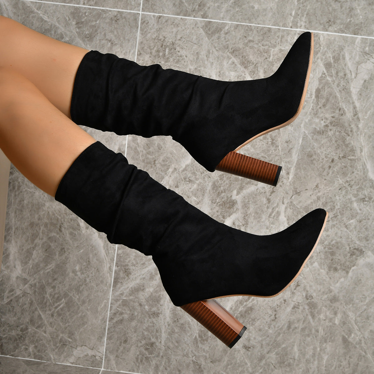 Suede Mid Calf High Heel Boots with Pointed Toe