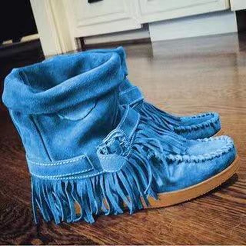 Suede Mid-Calf Moccasin Boots with Tassels