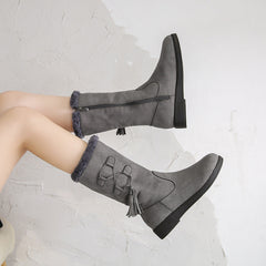 Flat Heel Mid-Calf Suede Plush  Boots with Tassels in 3 Colors