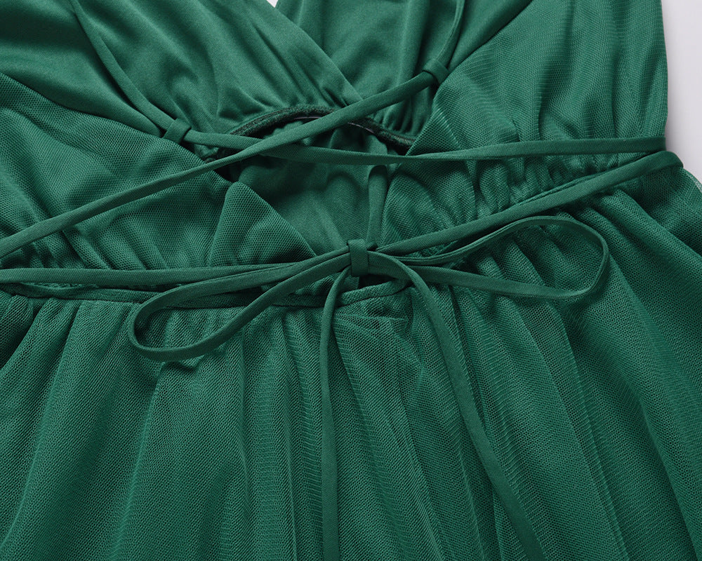 V-Neck Sleeveless Formal Dress with Gauze Overlay