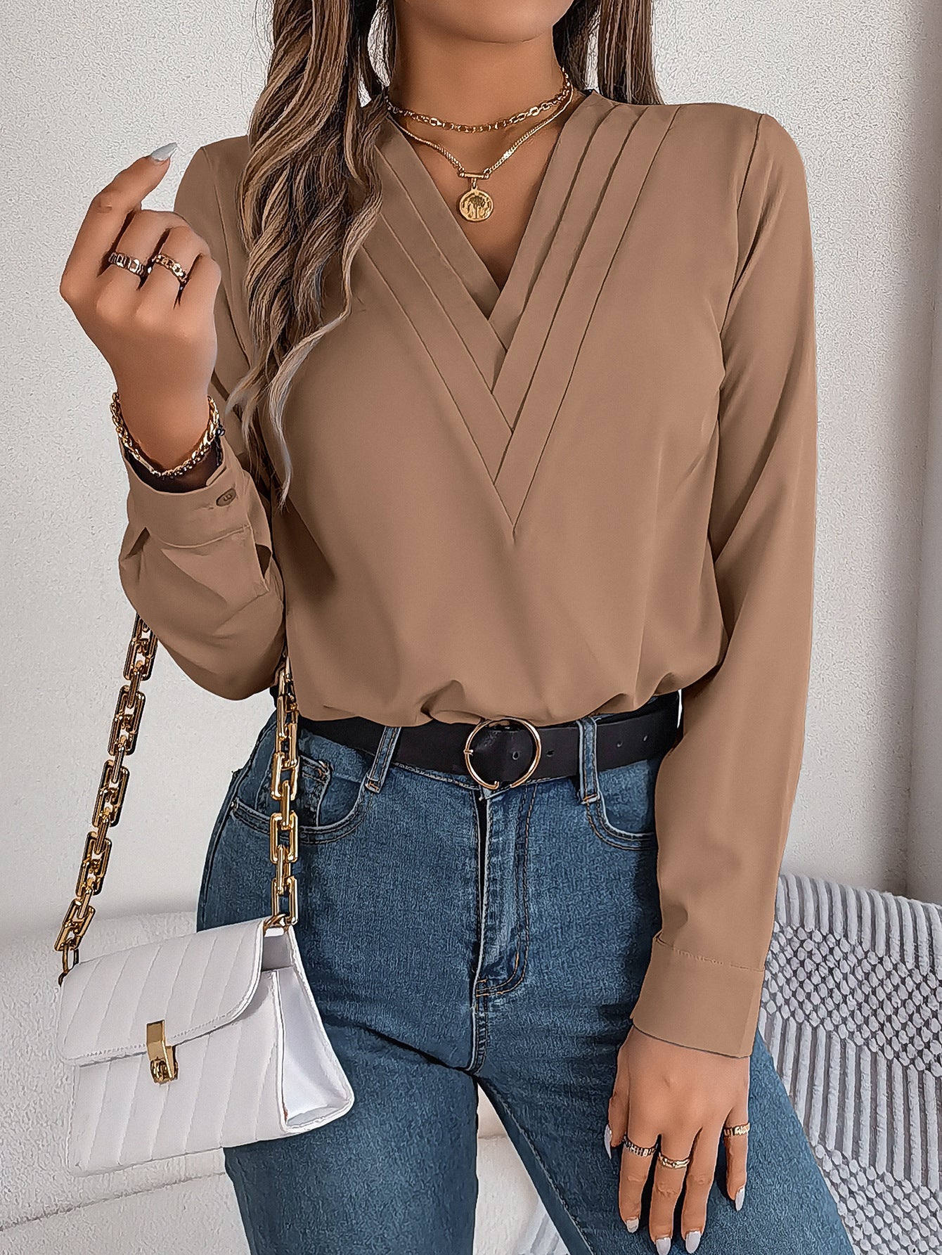 Elegant V-Neck Long Sleeve Blouse