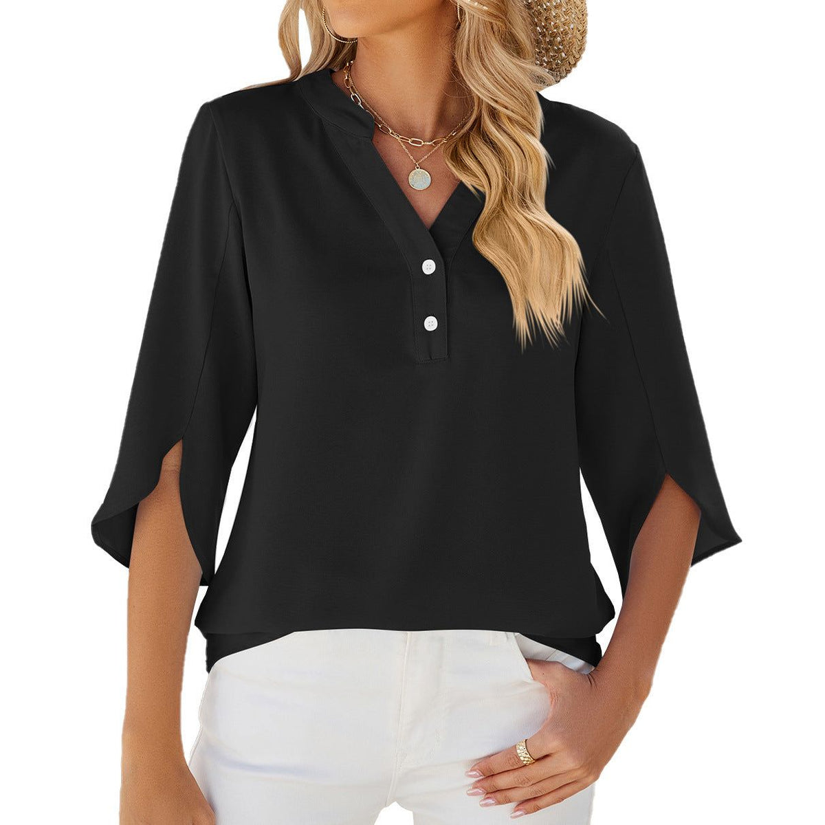 Button V-Neck Chiffon Half Sleeve Blouse