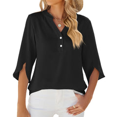 Button V-Neck Chiffon Half Sleeve Blouse