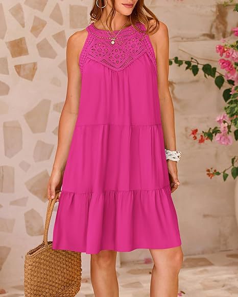 Halterneck Loose Fit Sleeveless Summer Dress with Lace in 8 Colors S-XXL