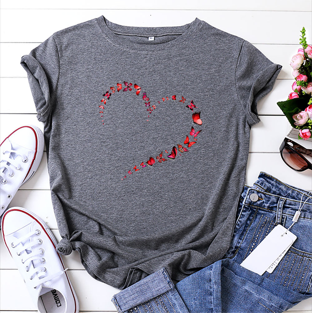 Kurzarm-Top mit Herz-Schmetterling in 12 Farben S-4XL