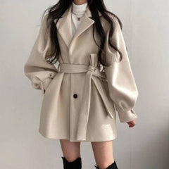 Manteau mi-long en laine avec col et ceinture à nouer, 2 couleurs, S-2XL