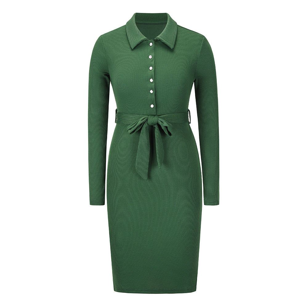 Mid-Length Long Sleeve Knit Dress with Waist Tie in 4 Colors S-2XL