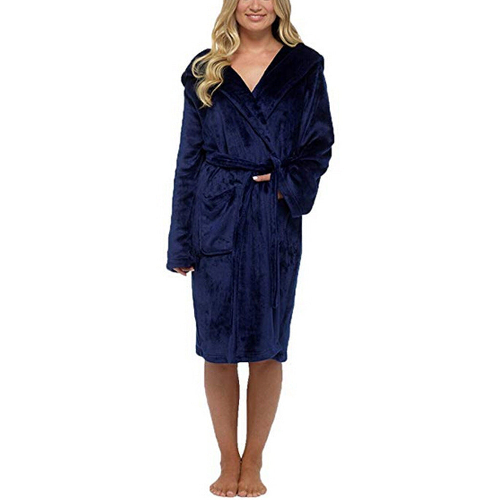 Long Hooded Bath Robe with Belt and Pockets