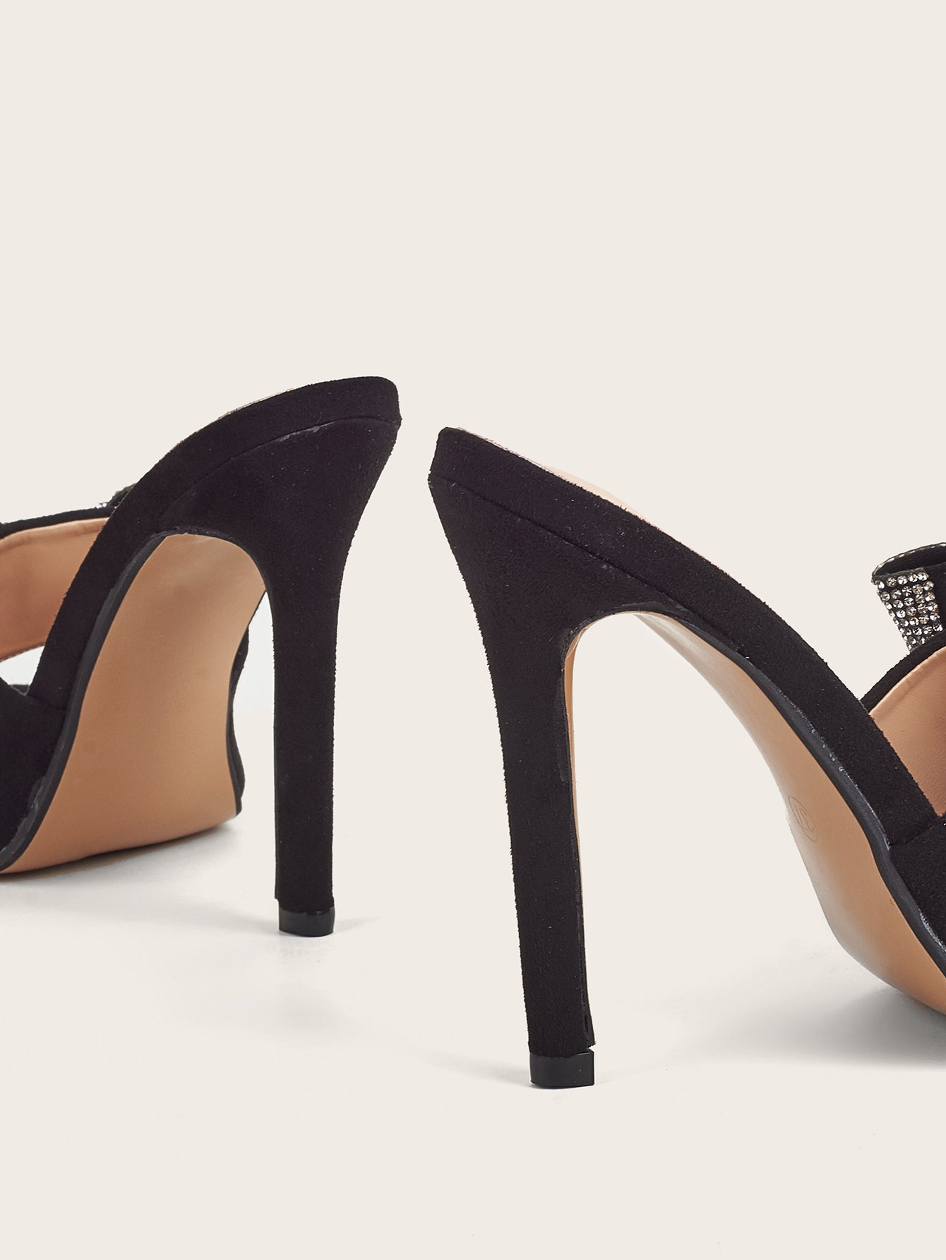 Open Toe Stiletto Heels with Rhinestone Bow