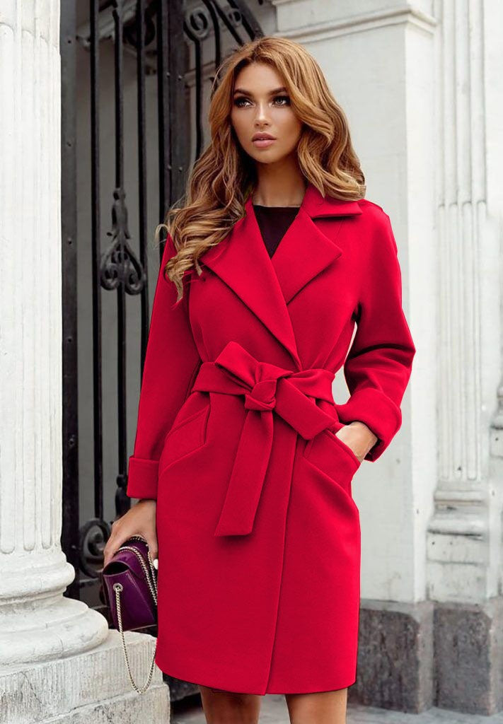 Long Sleeve Woolen Coat with Waist Tie and Pockets in 7 Colors S-XXL