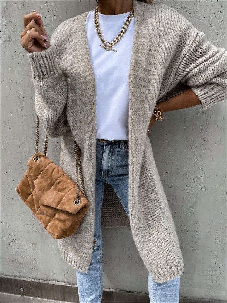 Cardigan en tricot à manches longues et longueur genou de couleur unie