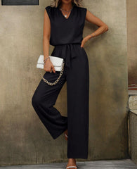 Solid Color Sleeveless V-Neck Top with Wide-Leg Pants Set