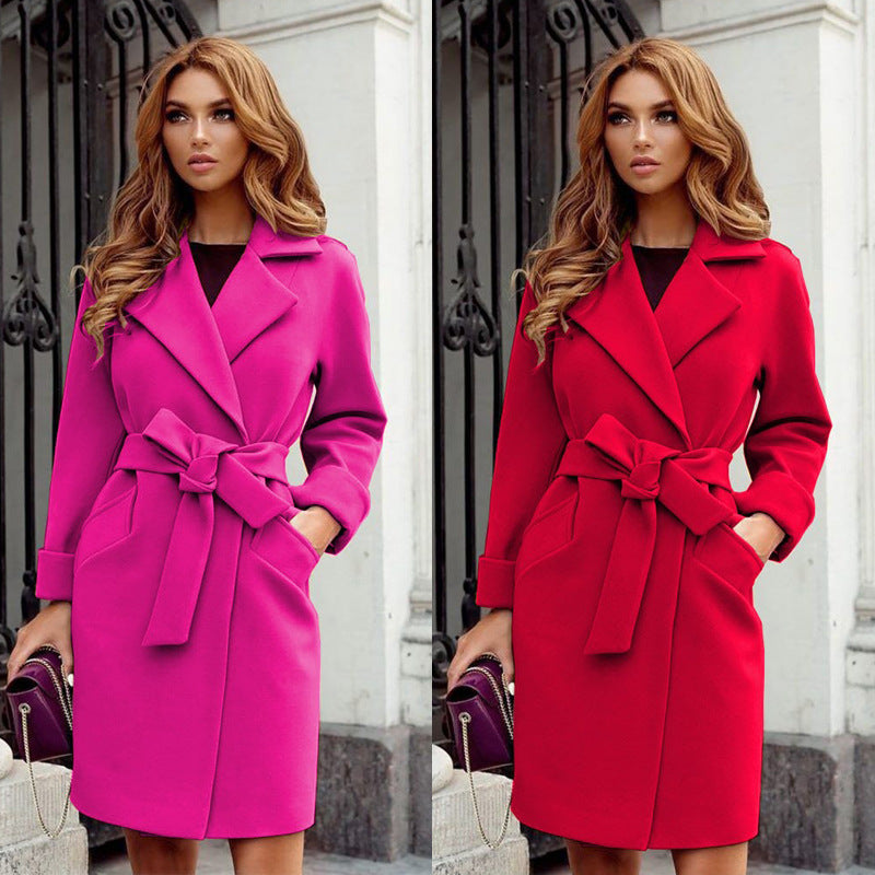 Long Sleeve Woolen Coat with Waist Tie and Pockets in 7 Colors S-XXL