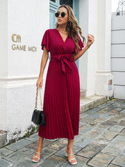 V-Neck Short Sleeve Pleated Chiffon Maxi Dress with Waist Tie