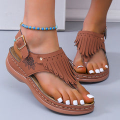 Roman Thong Sandals with Fringe and Ankle Strap
