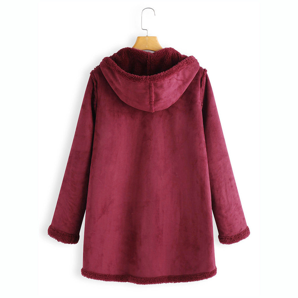 Plush Hooded Coat with Pockets in 2 Colors M-5XL