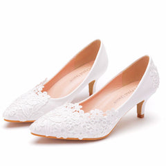 White Short Stiletto Heel Wedding Shoes with Pointed Toe and Lace Flowers