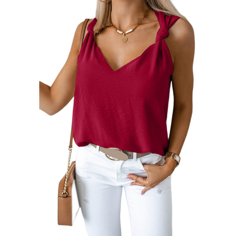 V-Neck Tank Top with Knotted Shoulder Strap