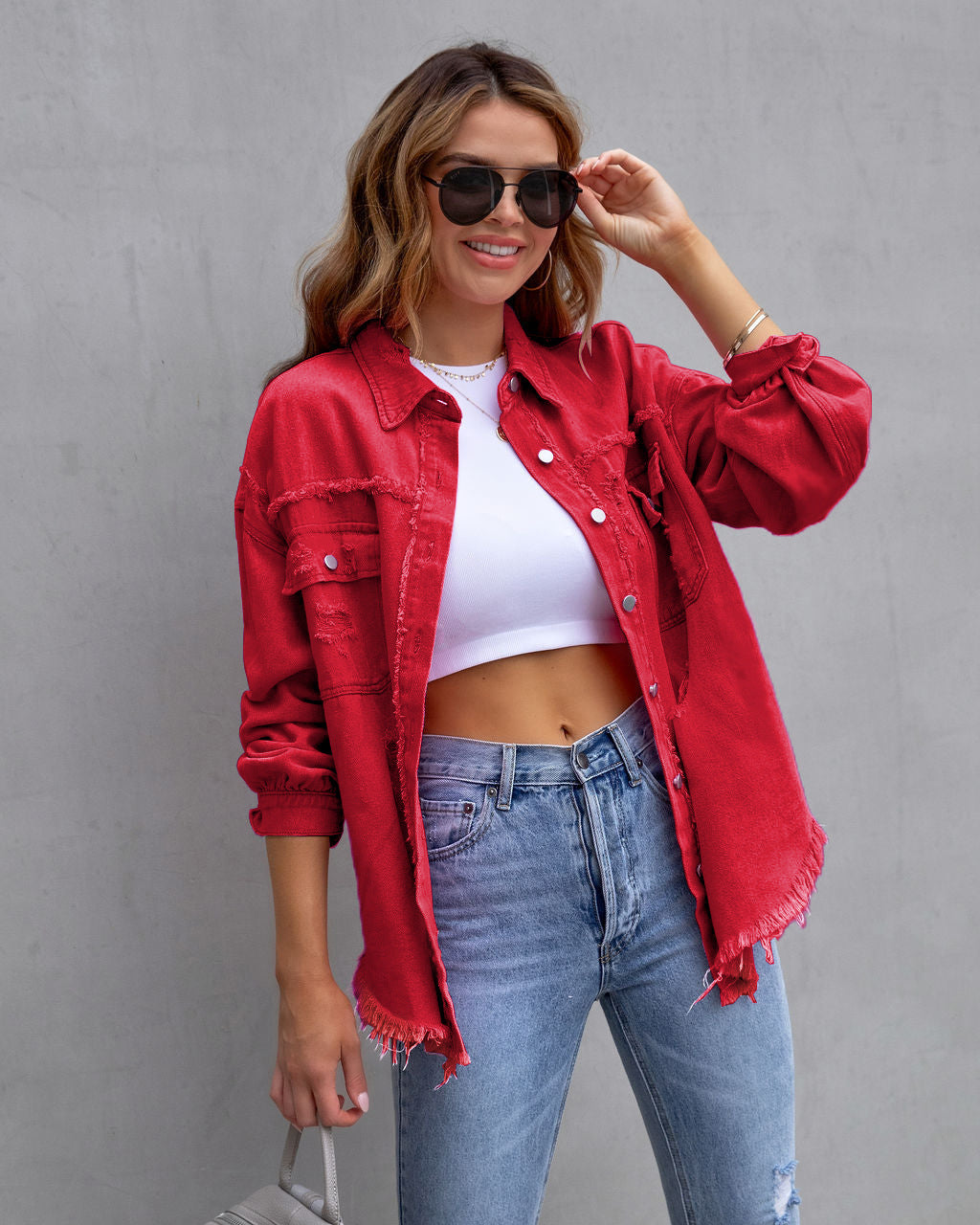 Ripped Button Shirt Jacket with Raw Hem