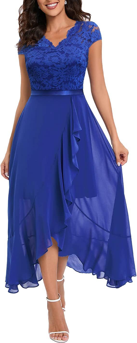 V-Neck Short Sleeve Formal Dress with Lace Bodice
