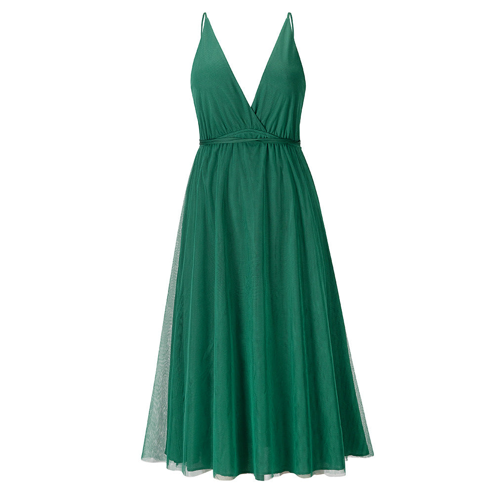 V-Neck Sleeveless Formal Dress with Gauze Overlay