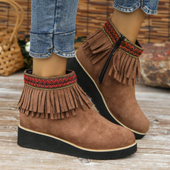 Suede Ankle Boots with Fringe and Wedge Heel in 3 Colors