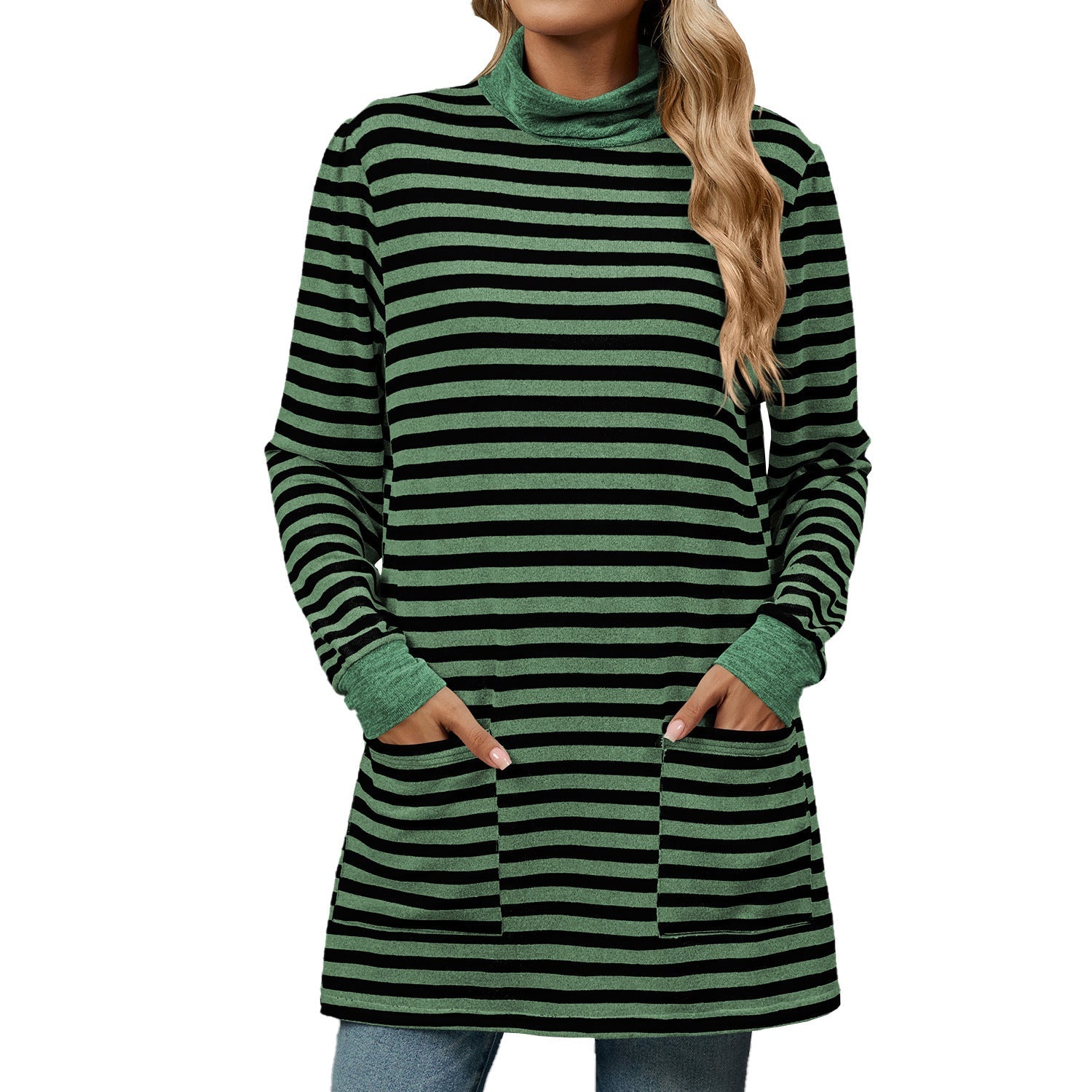 Turtleneck Striped Long Sleeve Shirt with Pockets
