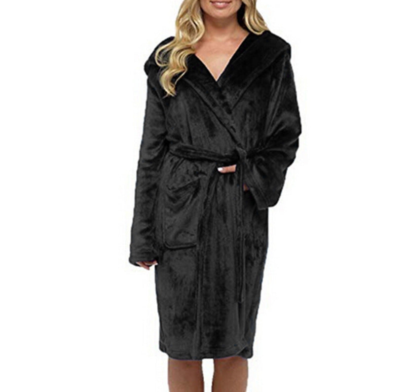 Long Hooded Bath Robe with Belt and Pockets